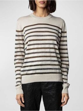 NWT Zadig & Voltaire Cream and Brown Striped Crewneck Sweater